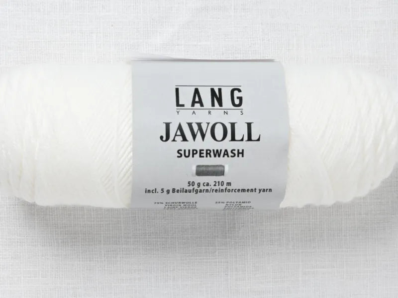 A skein of white Timo sukka ohje fingerin ja Lang jawoll yarn with a gray label is shown on a light textured background. The black text on the label provides details—ideal for your next neulontaohje project.