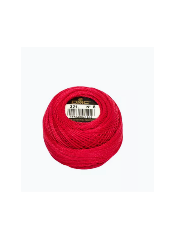 A ball of bright red Dmc helmilanka nro 8 embroidery thread, shade 321 with a subtle satin sheen, is shown against a plain white background.