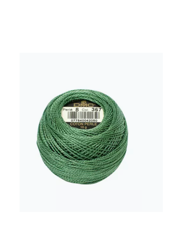 A 10g ball of Dmc helmilanka nro 8, color 367 (green), is shown against a white background. The thread has a beautiful satiinikiilto shine.