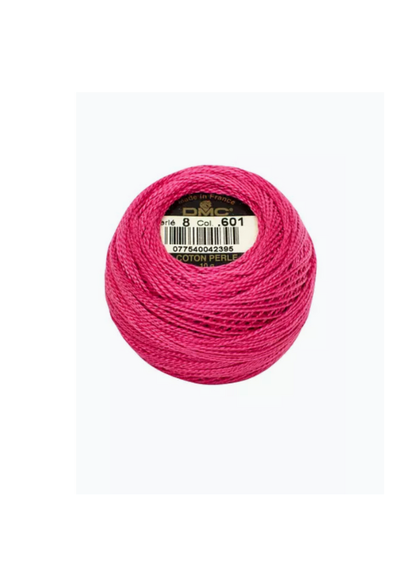 A ball of pink Dmc helmilanka nro 8, shade 601, with a barcode on top center. Its satin sheen stands out against the white background.