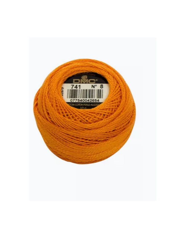 A ball of orange Dmc helmilanka nro 8 cotton thread, labeled 741 No 8, features a barcode on its black label and a subtle satin sheen.