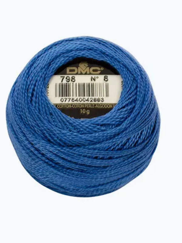 A ball of Dmc helmilanka nro 8 cotton embroidery thread, shade 798, features a vibrant blue with subtle satin sheen, tightly wound and labeled with a barcode at the center.