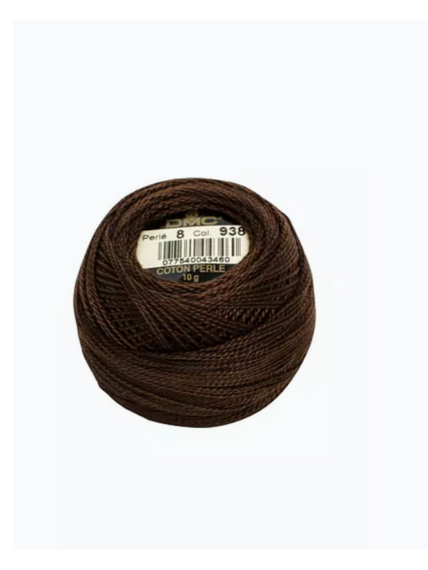 A ball of dark brown Dmc helmilanka nro 8 Perle cotton thread, color 938 with a subtle satin sheen, is displayed against a plain white background.