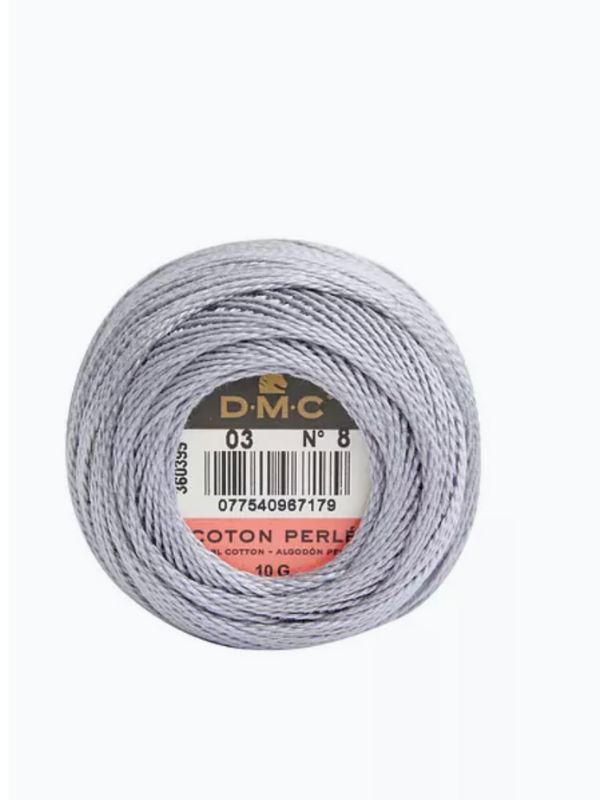 A spool of Dmc helmilanka nro 8 in light gray, labeled with the brand and color number 03. This embroidery thread has a beautiful satiinikiilto for elegant projects.