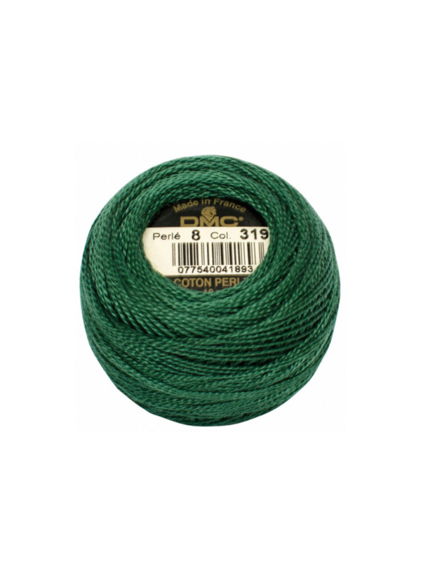 A ball of Dmc helmilanka nro 8, color 319 (dark green), features a central label showing the brand, color number, and barcode. Its satiinikiilto sheen brings a beautiful shine to embroidery projects.