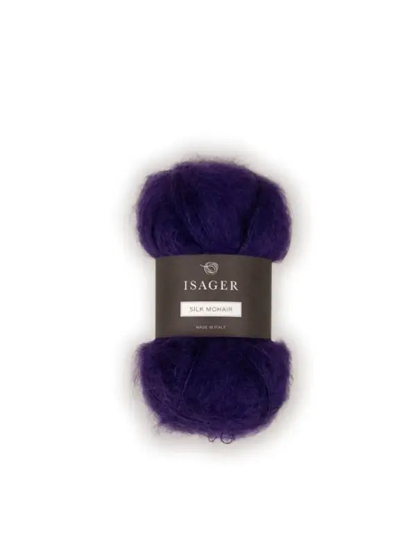 A skein of Isager Silk Mohair yarn in a rich, deep purple hue, featuring a dark label encircling the center with the brand and product name—ideal for knitting luxurious pieces such as the Petiteknit Stockholm Sweater V-neck neulepaita using the Suomi pattern.