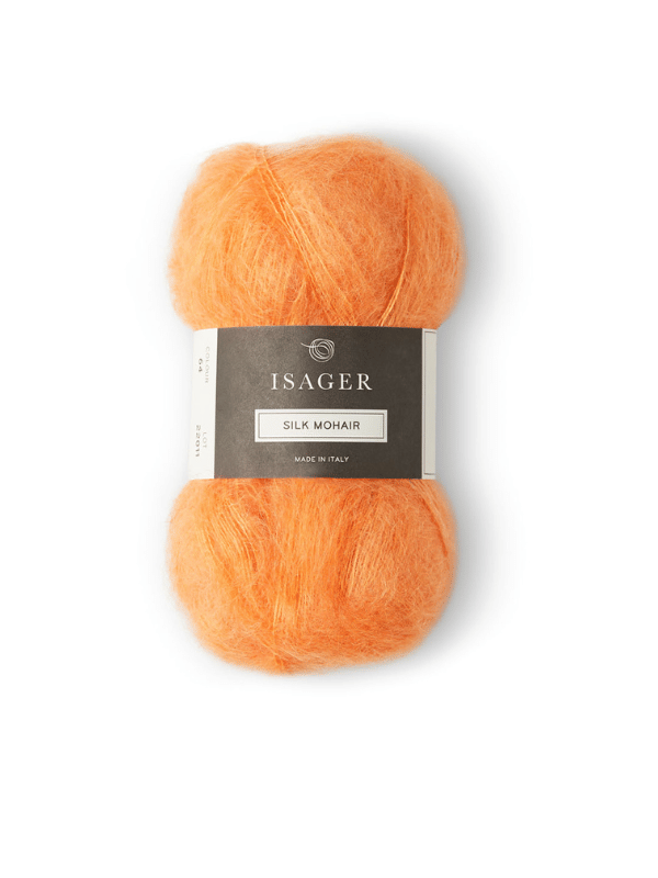 A skein of luxurious orange Isager Silk Mohair yarn, featuring a gray and white label at the center, is set against a white background—ideal for knitting a cozy naisten neulepaita such as the Petiteknit Stockholm Sweater V-neck neuleohje (Suomi).