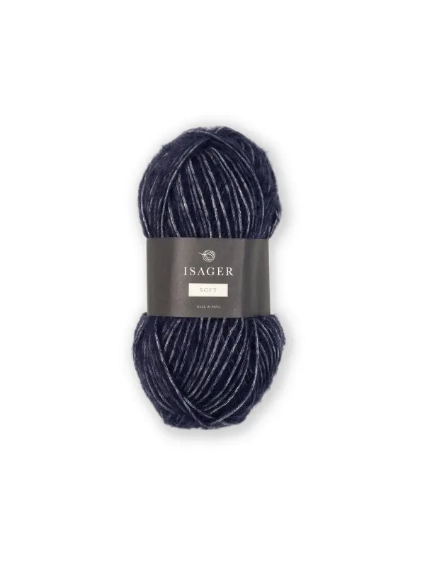 A skein of Isager Soft yarn in dark navy blue with a black label around the center, shown on a white background.