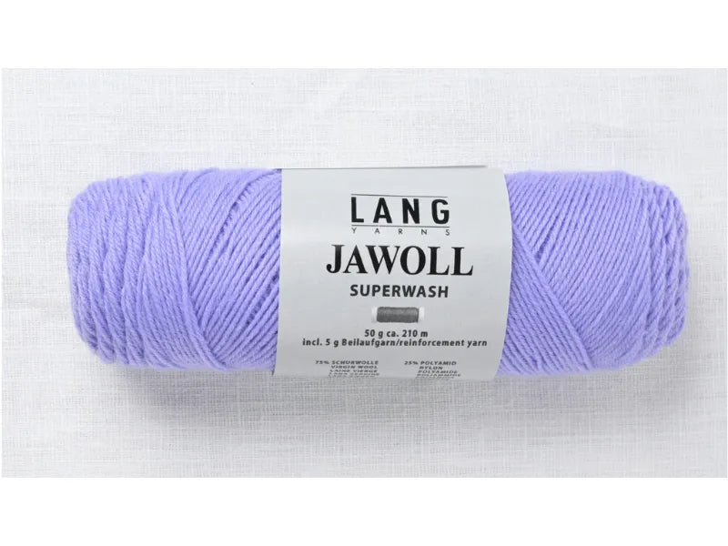 A skein of Timo sukka ohje fingerin ja Lang jawoll yarn in light purple with a white label, shown on a white textured background.
