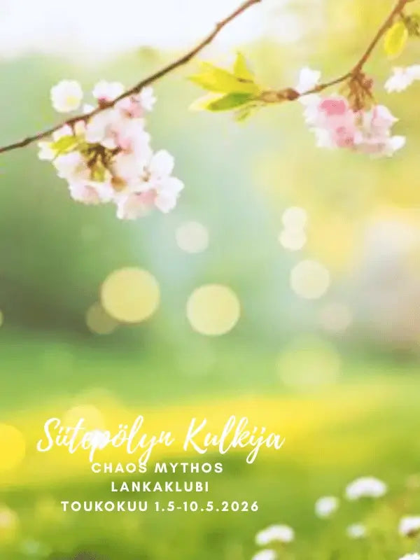 A branch with pink cherry blossoms in focus, sunlit greenery blurred behind. Overlaid at the bottom is Finnish text with WoolWomen lankaklubi 2026 - Chaos Mythos Club event details.