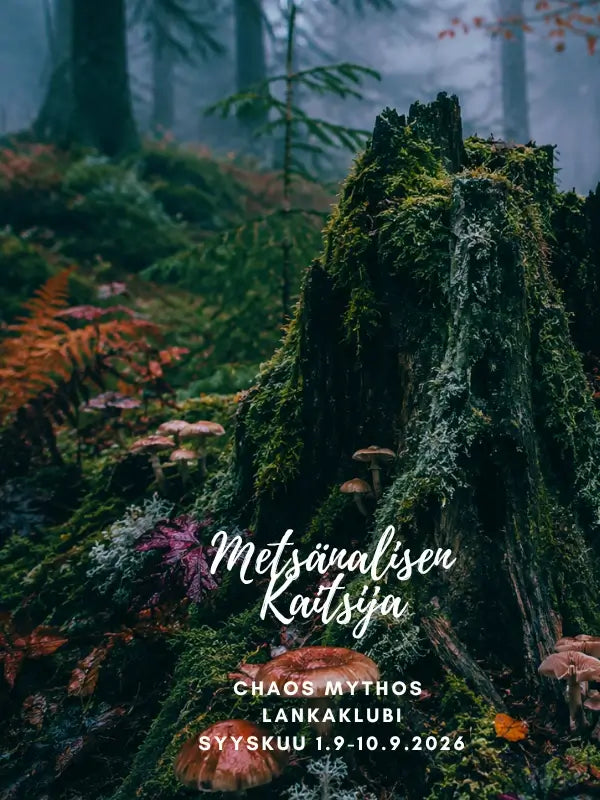 A mossy tree stump surrounded by ferns and mushrooms in a foggy forest, with text in Finnish about the WoolWomen lankaklubi 2026 – Chaos Mythos Club event on September 9-10, 2026. Drawing inspiration from muinaiset myytit, the scene evokes ancient tales and mysteries hidden within the woods.