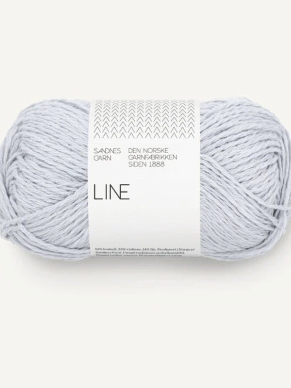 A skein of light gray Sandnes Garn Line yarn with a white Norwegian label, ideal for making the PetiteKnit Anker's Summer Shirt, shown on a plain light background.