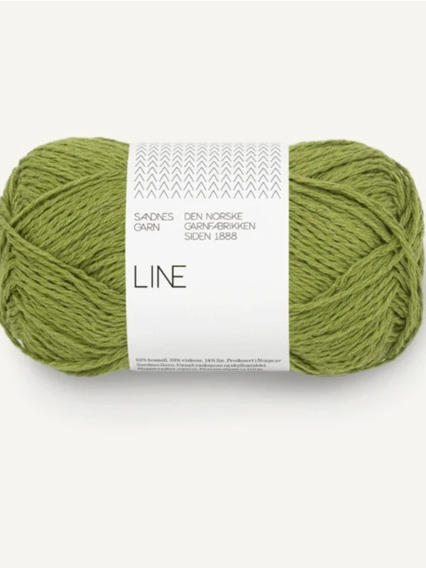 PetiteKnit Anker's Summer Shirt + Sandnes Garn Line: a skein of light green yarn labeled LINE with Norwegian text, perfect for making Anker's Summer Shirt, shown against a plain white background.