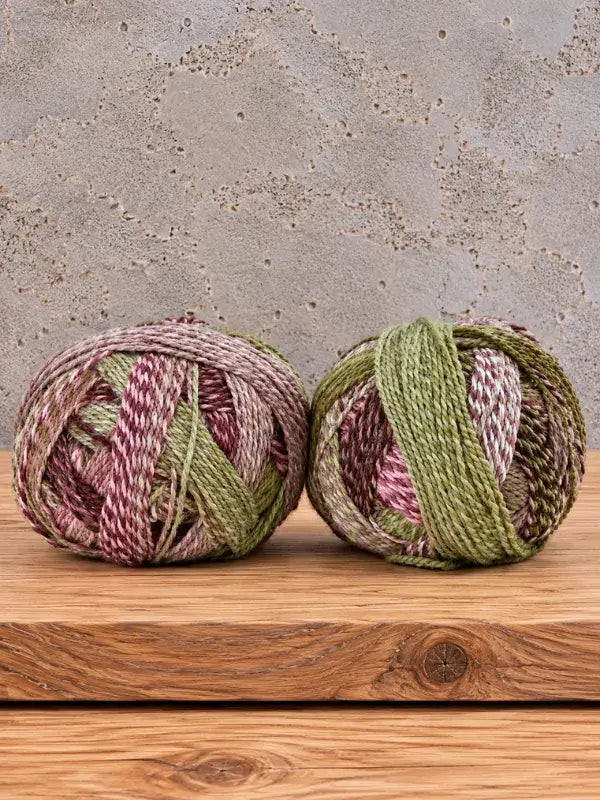 Two balls of Schoppel-Wolle Edition 3 variegated yarn in shades of olive green, mauve, and cream sitting on a wooden surface.