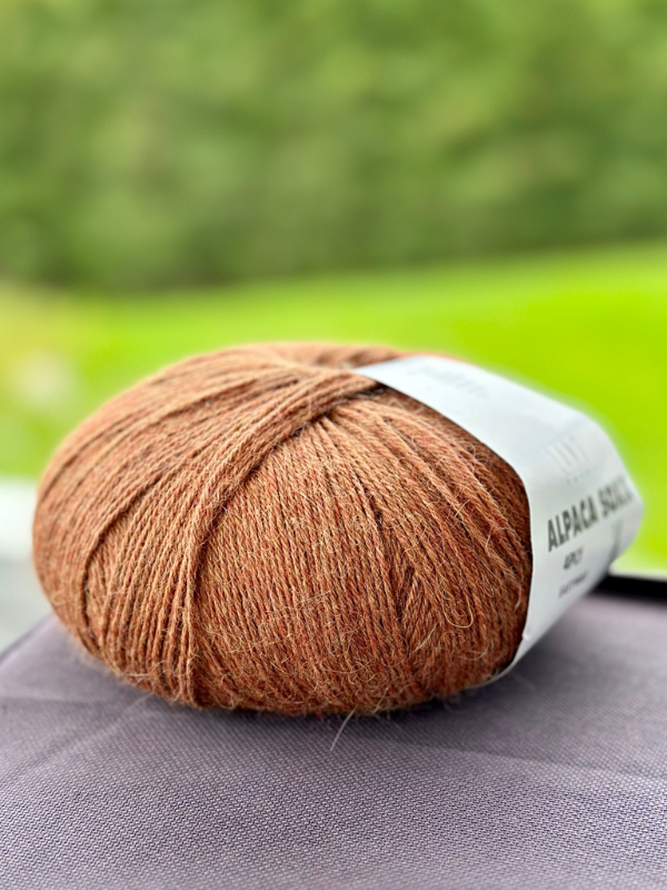 A skein of Lang Alpaca Soxx 4ply yarn rests on gray fabric with a blurred green backdrop—ideal for your next neuleohje or Mittums lapasten ohje (PDF) tumput project.