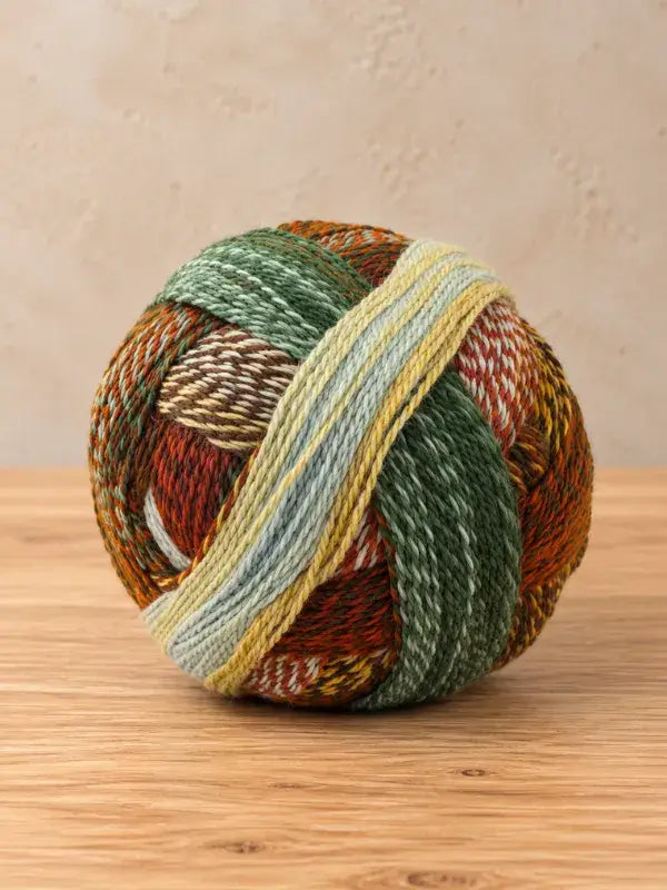 A round ball of Schoppel wolle Zauberball crazy variegated yarn in earthy tones of green, brown, rust, and pale yellow.