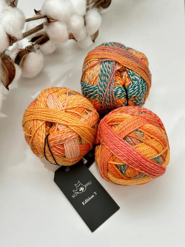Three balls of Schoppel-Wolle Edition 3 yarn—superwash merino in warm orange, yellow, and teal—sit on a white surface next to cotton branches. A black tag is attached to one of the Schoppel-Wolle Edition 3 balls.
