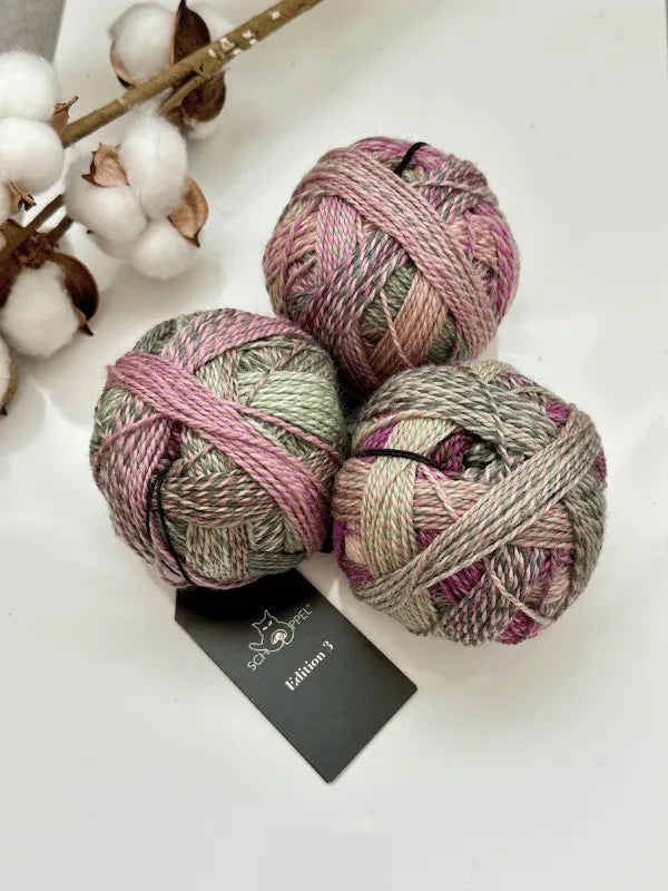 Three balls of Schoppel-Wolle Edition 3 yarn in pink, green, and gray shades are displayed on a white surface beside cotton branches. A black tag notes their superwash merino wool quality.