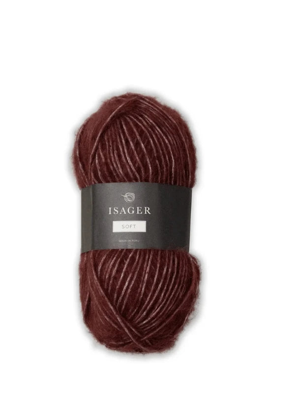 A skein of Isager Soft alpakka lanka in deep burgundy with a dark gray center band, displayed against a plain white background.