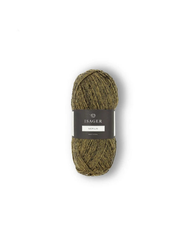 A skein of olive green Isager Merlin yarn with a dark label, photographed against a plain white background.