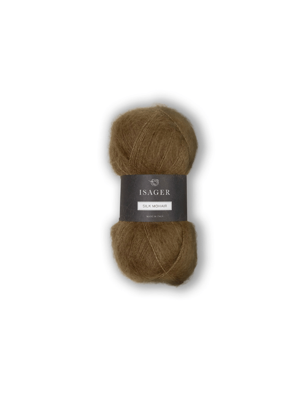 A skein of light brown Isager Silk Mohair yarn with a gray label, photographed against a plain white background—ideal for crafting a soft and luxurious naisten neulepaita using the Petiteknit Stockholm Sweater V-neck neuleohje (Suomi) and Isager Silk Mohair.