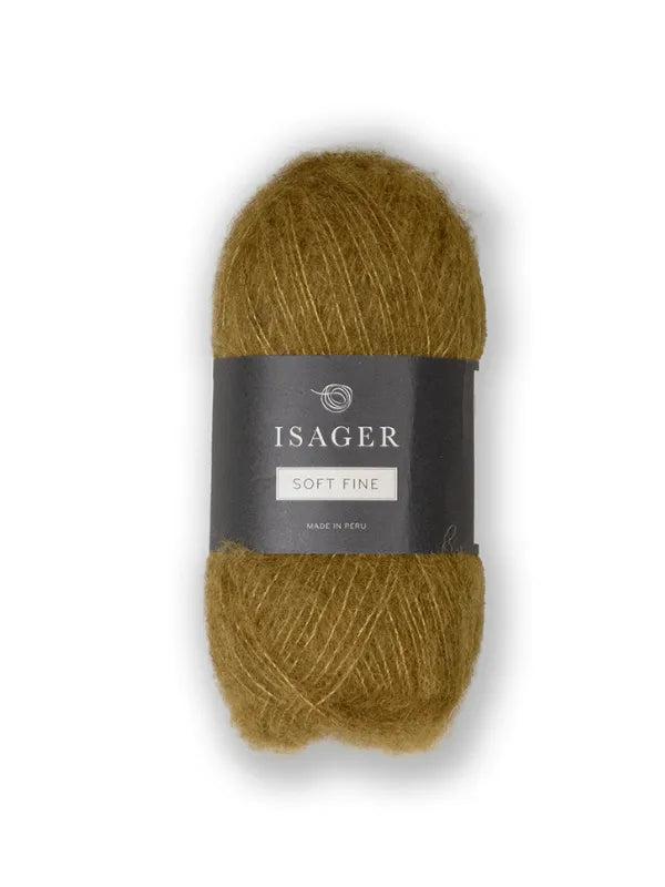 A skein of golden-brown Isager Soft Fine alpaca silk yarn with a dark gray band around the middle, shown against a white background.