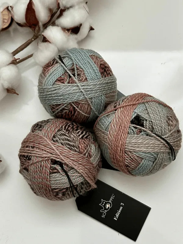 Three balls of Schoppel-Wolle Edition 3 yarn in gray, blue, and brown sit on a white surface next to a cotton branch. The superwash merino wool features a black tag with the product name.