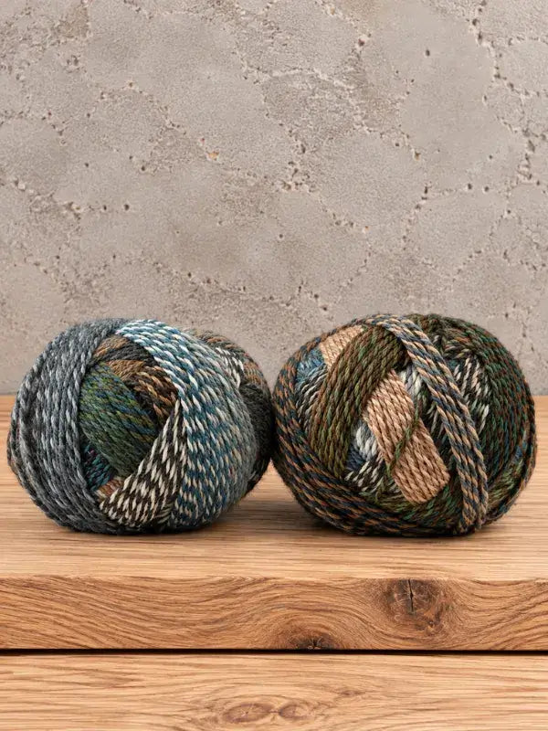 Two balls of Schoppel-Wolle Edition 3 variegated yarn in earthy tones of blue, green, and brown sitting on a wooden surface.