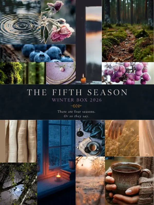 A collage featuring wintry nature scenes, cozy beverages, candles, berries, and soft fabrics—including käsinvärjätty lanka—with the text: WoolWomen The Fifth Season Winter Box 2026. There are four seasons. Or so they say. Welcome to the viides vuodenaika.