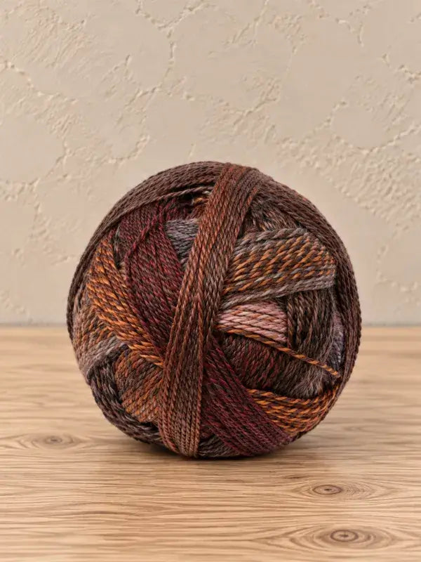 A ball of Schoppel wolle Zauberball crazy yarn in shades of brown, rust, and grey.