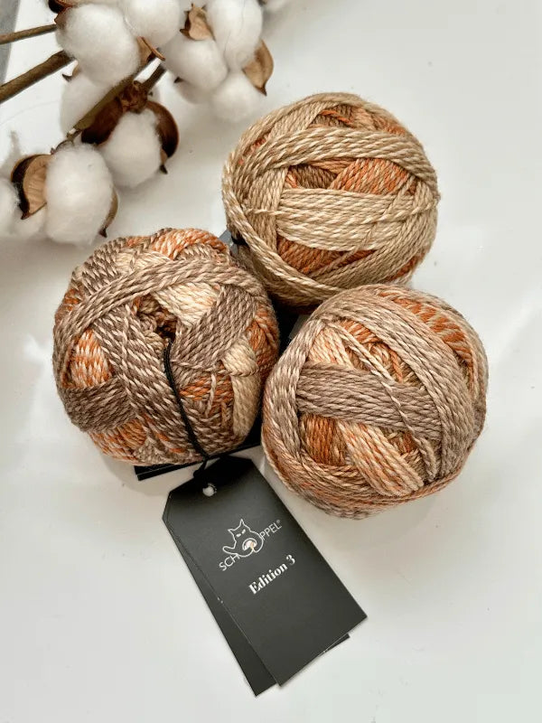 Three beige and brown gradient Schoppel-Wolle Edition 3 superwash merino wool yarn balls rest on white beside cotton branches, one featuring a black Schoppel-Wolle Edition 3 tag.