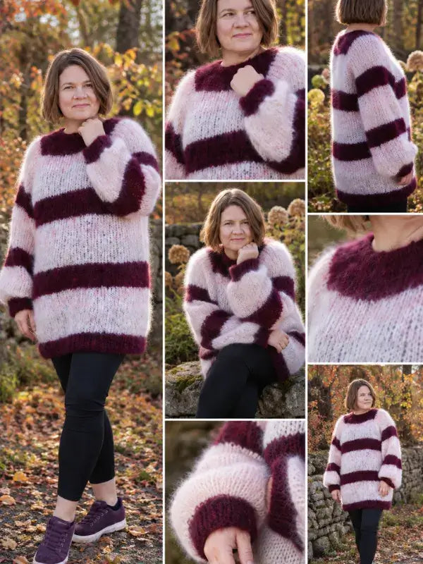 A woman outdoors models a fuzzy, oversized sweater with wide maroon and pale pink stripes, showcasing the HURMA – neuleohje PDF design’s distinctive texture, collar, and sleeves from various angles.