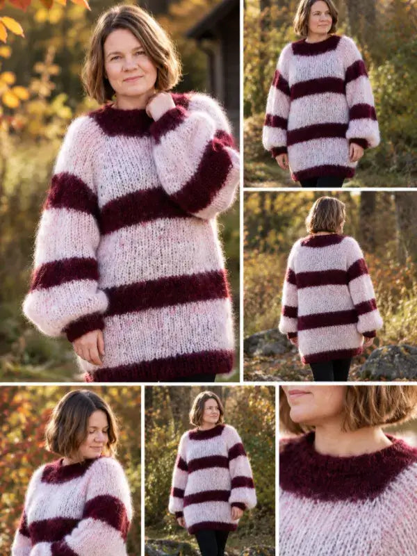 A woman outdoors wears the Hurma neulesetti – WoolWomen Fluff Mohair, featuring fluffy, oversized maroon and pale pink stripes, stylish balloon sleeves, and highlighted texture.
